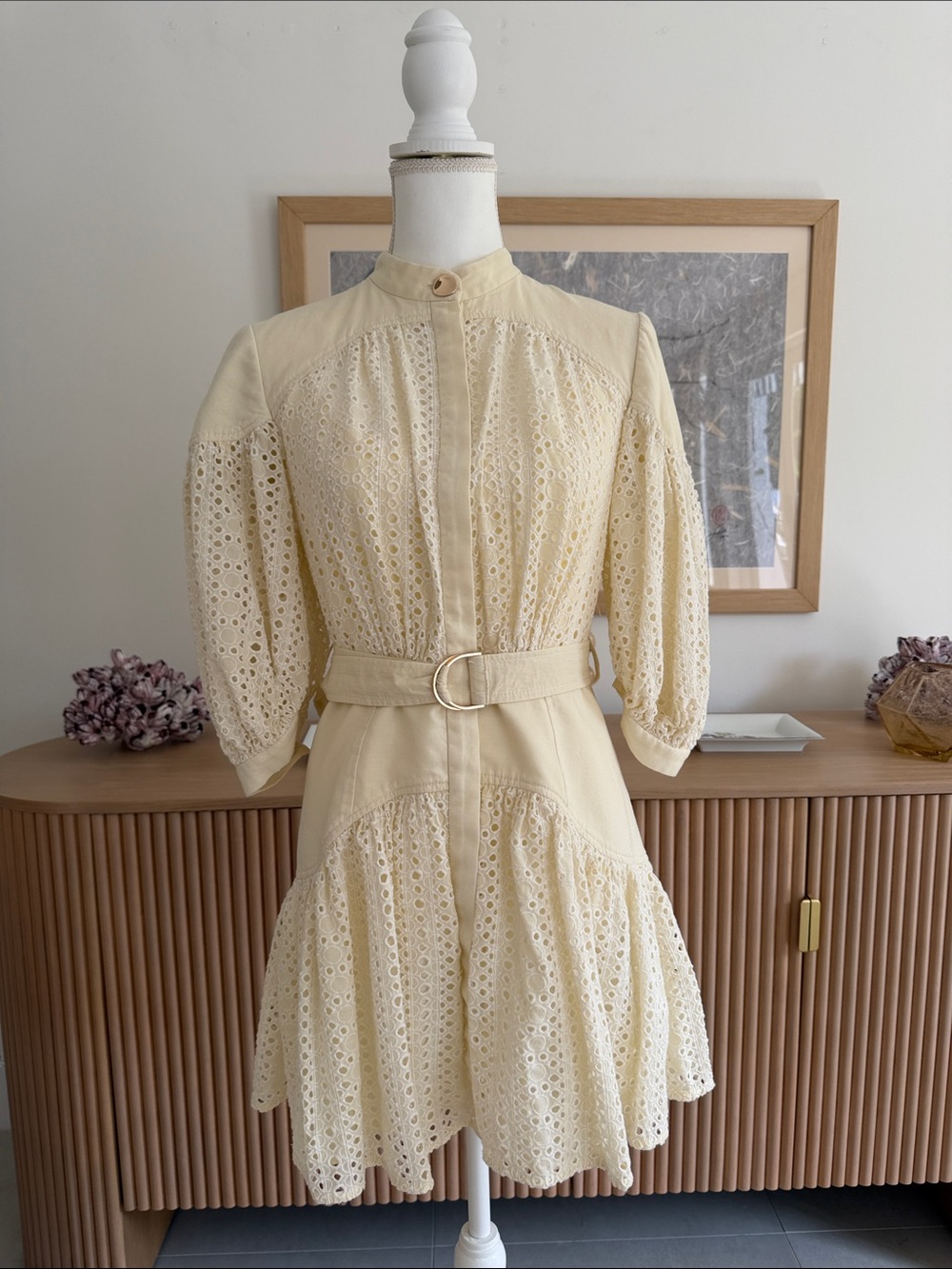 Acler Cream Eyelet Lace Belted Mini Dress